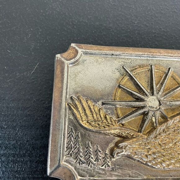 Western Style Brass Belt Buckle With Eagle Flying Over Mountain Pine Forest - Picture 2 of 6